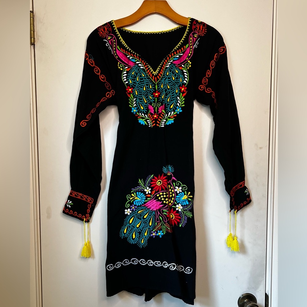 Embroidered Mexican Black Dress with Multicolor Accents
